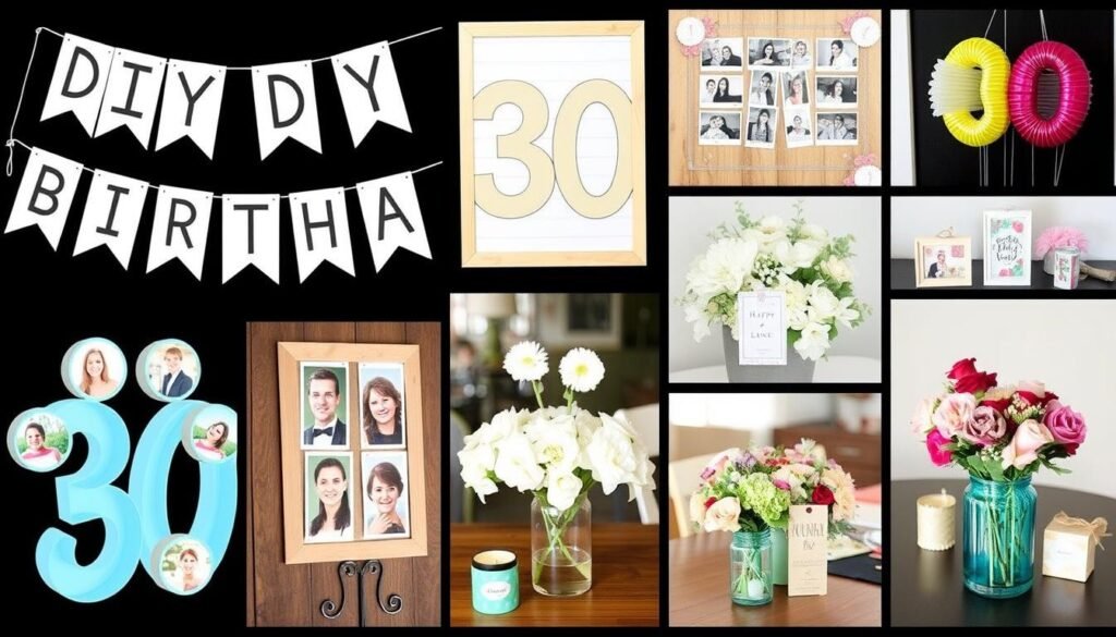 DIY 30th birthday decorations including handmade banner, photo displays, and table centerpieces DIY 30th birthday decorations including handmade banner, photo displays, and table centerpieces