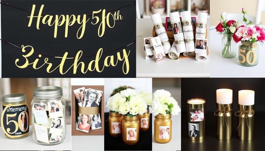 DIY 50th birthday decorations including handmade banner, photo projects, and table centerpieces DIY 50th birthday decorations including handmade banner, photo projects, and table centerpieces