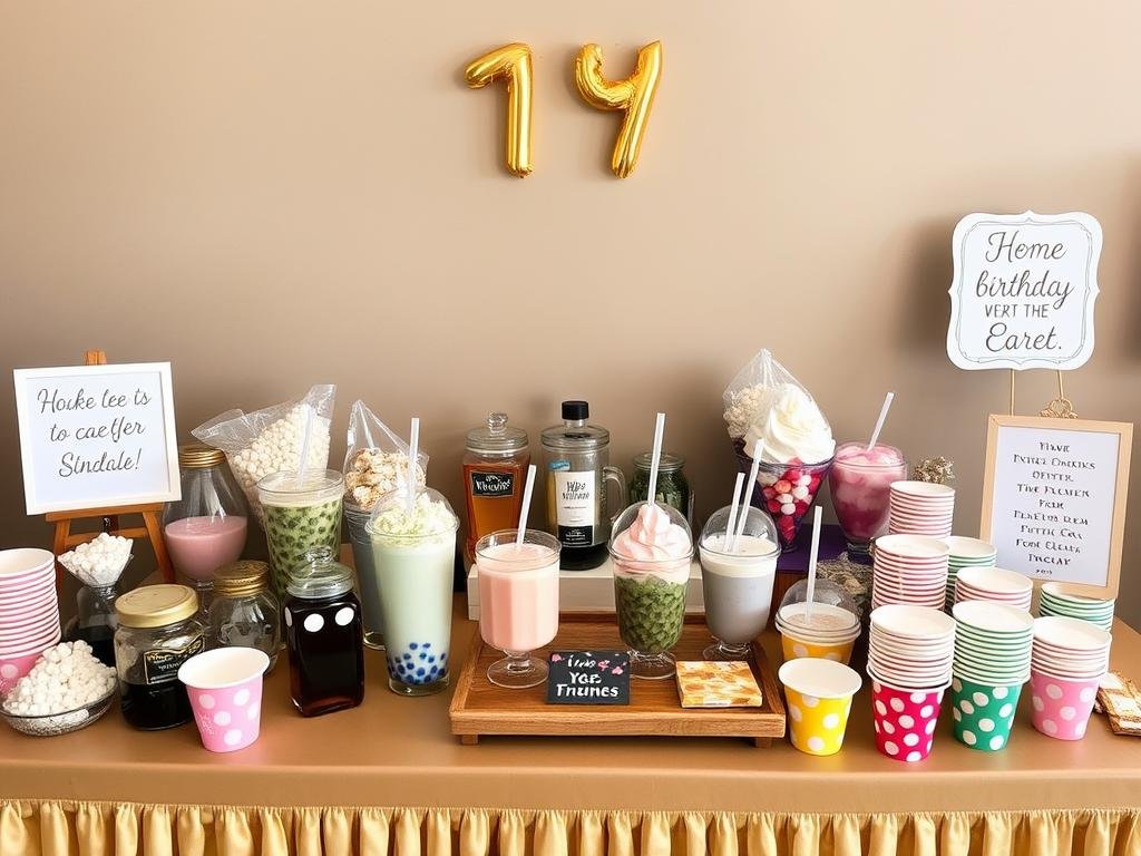 DIY boba tea and ice cream sundae bar setup for 19th birthday party