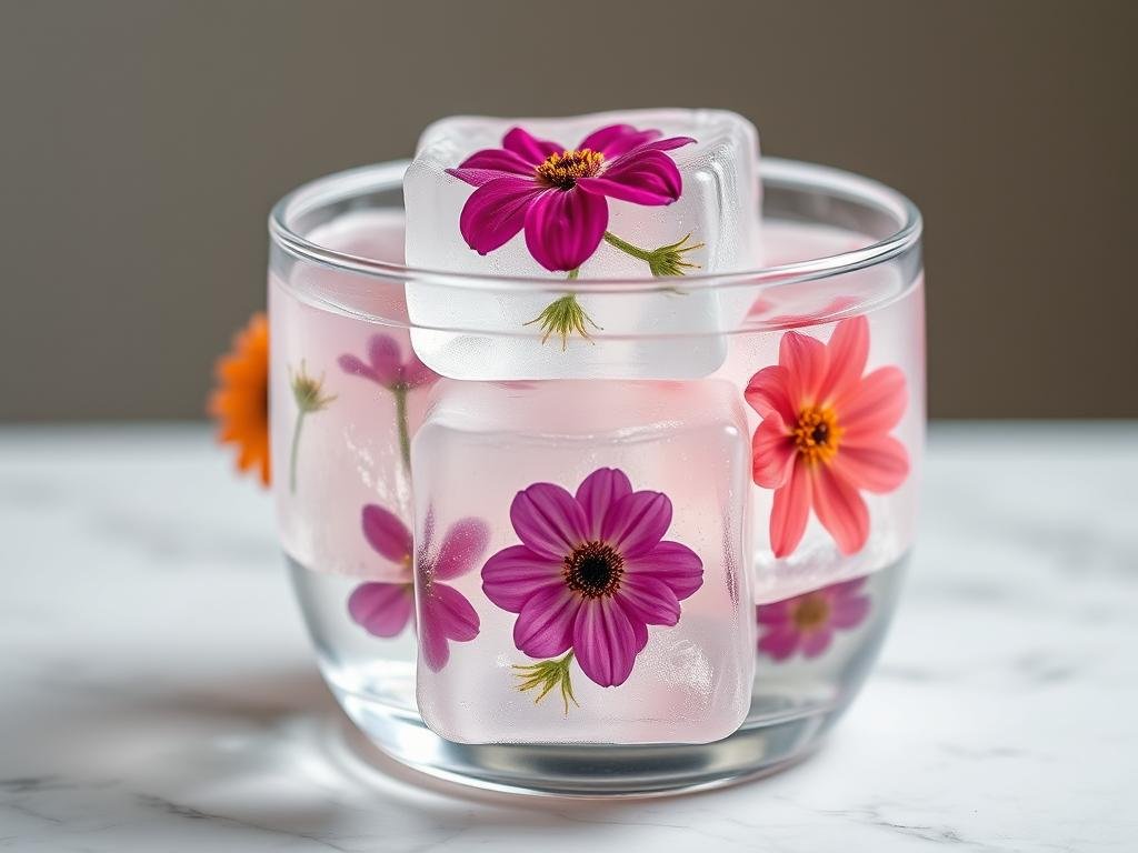 DIY floating flower ice cubes with edible flowers frozen in clear ice