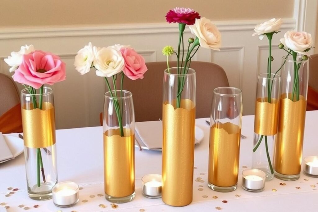 DIY gold-dipped vases with fresh flowers as 50th birthday table decorations DIY gold-dipped vases with fresh flowers as 50th birthday table decorations