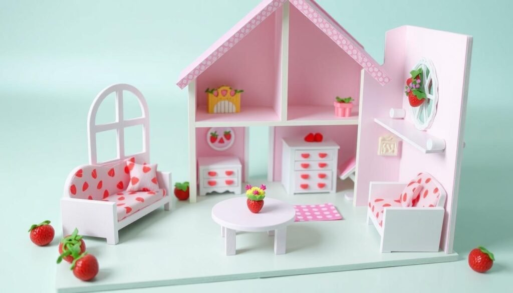 DIY miniature strawberry shortcake dollhouse with handcrafted furniture and strawberry details
