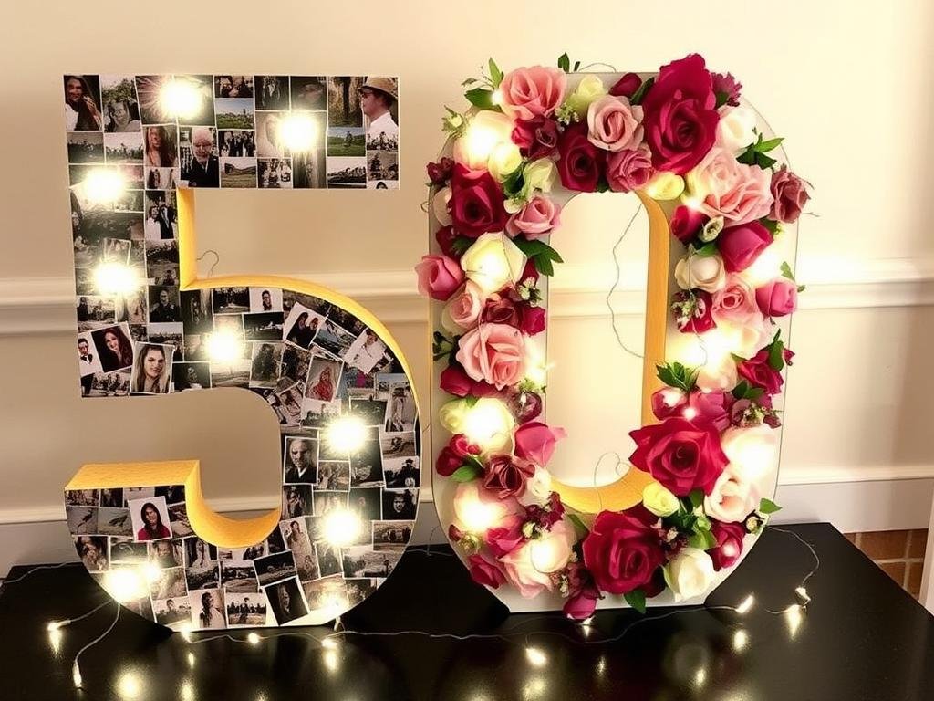 DIY number 50 decoration made from flowers, photos, and fairy lights DIY number 50 decoration made from flowers, photos, and fairy lights