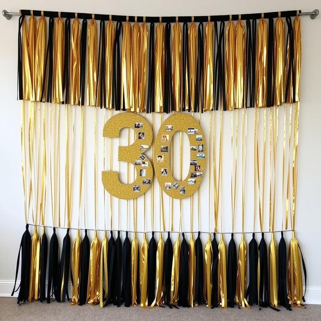 DIY photo backdrop with handmade '30' sign and tissue paper decorations DIY photo backdrop with handmade '30' sign and tissue paper decorations