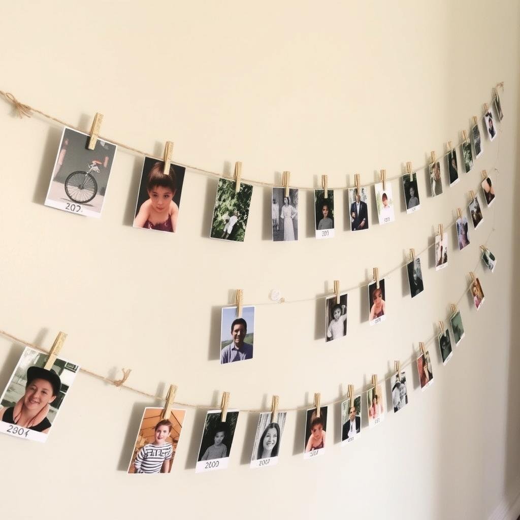 DIY photo garland with pictures from each year of life attached to string with mini clothespins DIY photo garland with pictures from each year of life attached to string with mini clothespins