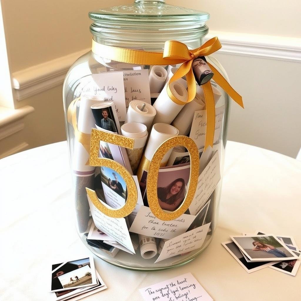 DIY photo memory jar with rolled photos and handwritten notes for 50th birthday DIY photo memory jar with rolled photos and handwritten notes for 50th birthday