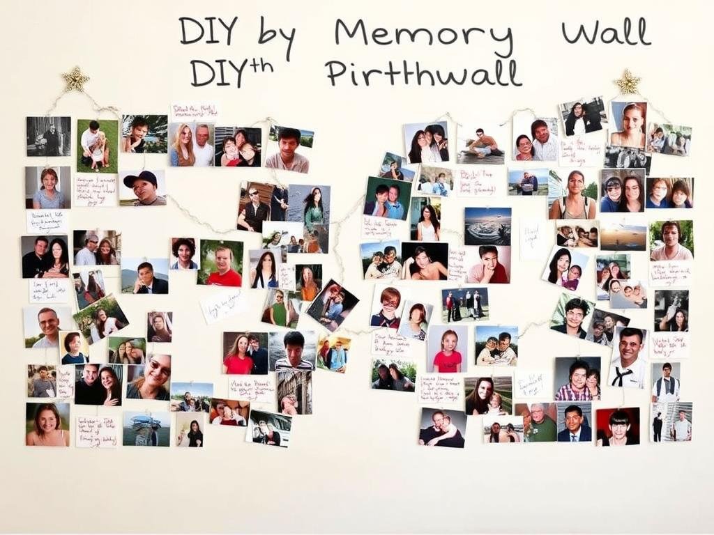 DIY photo memory wall display for 30th birthday with pictures from different life stages