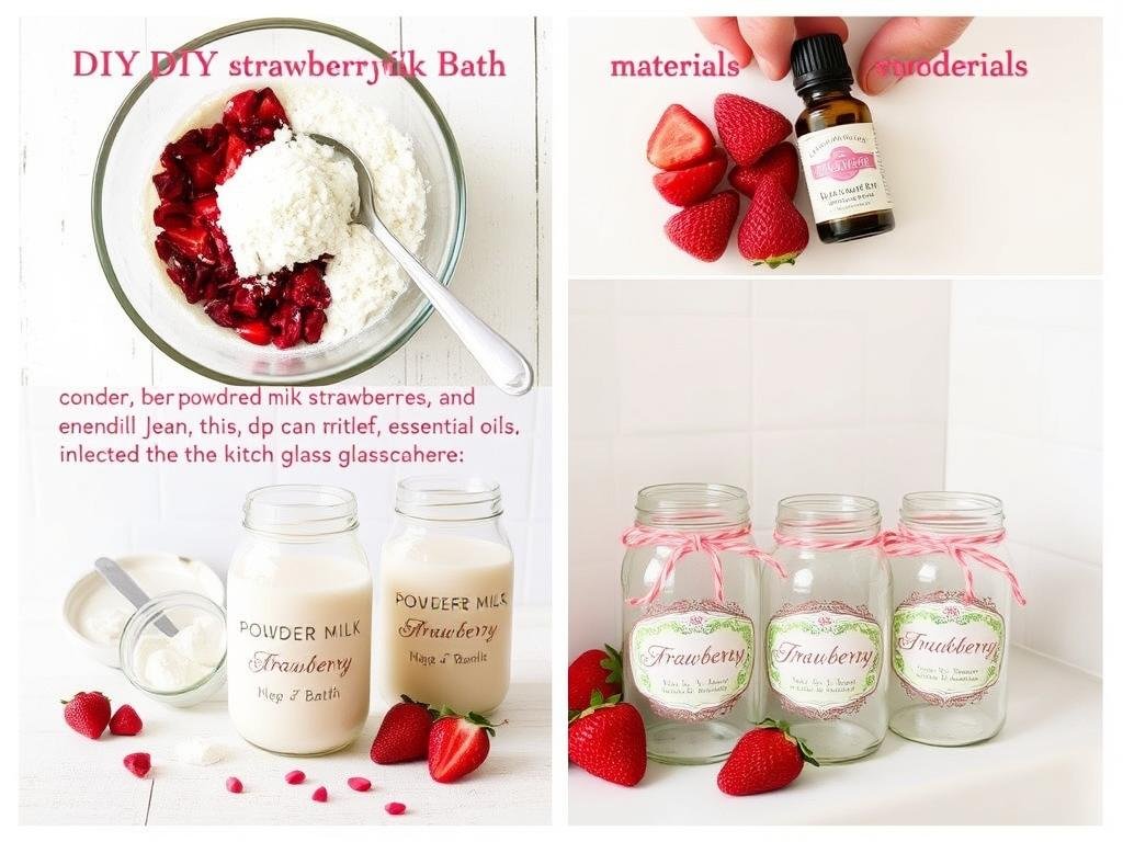DIY strawberry milk bath in vintage jars with dried strawberries