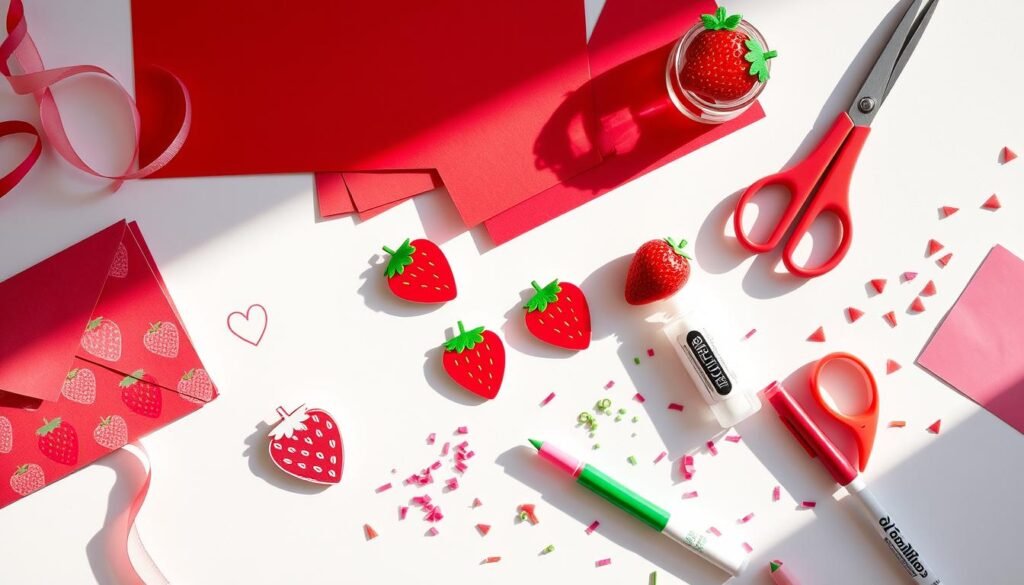 DIY strawberry shortcake invitation supplies including red and pink cardstock, strawberry stamps, ribbons, and decorative elements DIY strawberry shortcake invitation supplies including red and pink cardstock, strawberry stamps, ribbons, and decorative elements