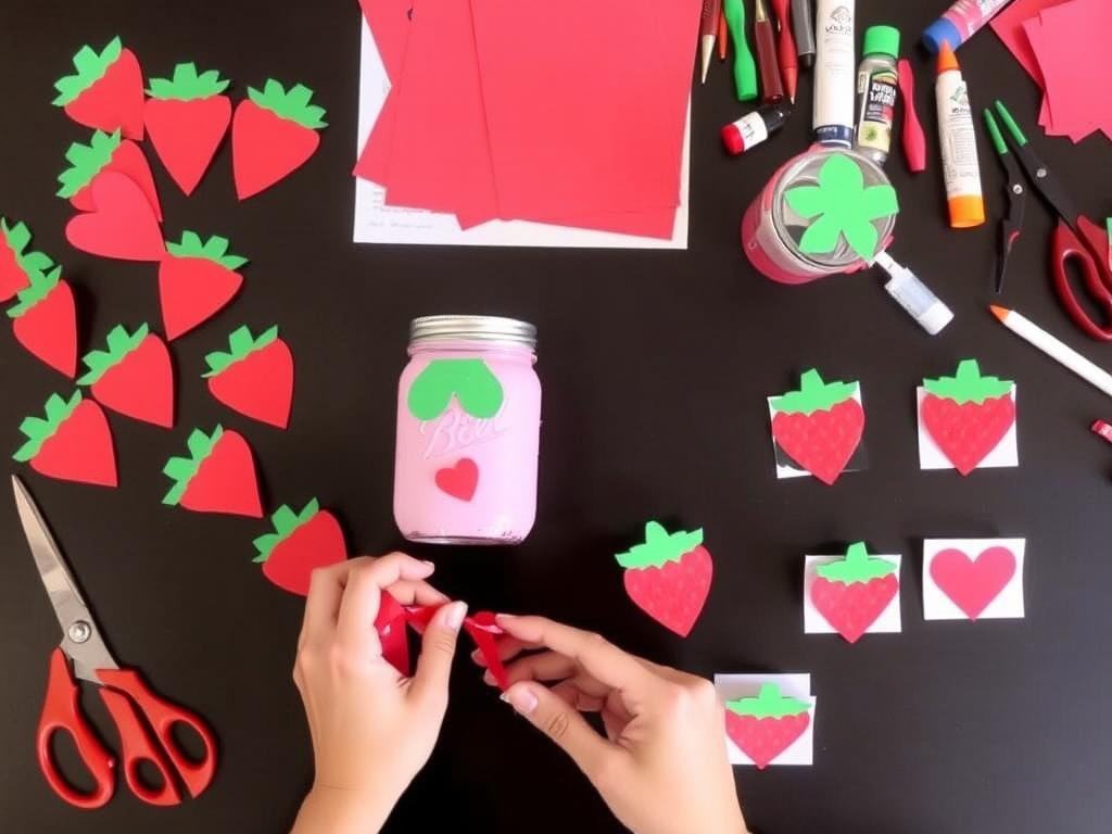 DIY strawberry shortcake party decorations including handmade strawberry garland, painted mason jars, and strawberry-shaped place cards