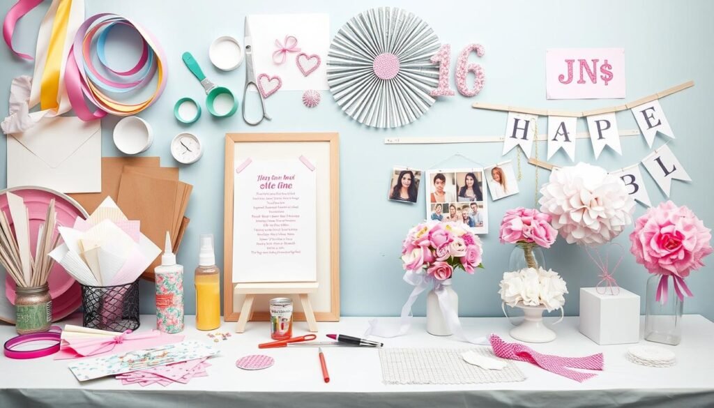 DIY sweet 16 decoration crafting session with materials and finished projects DIY sweet 16 decoration crafting session with materials and finished projects
