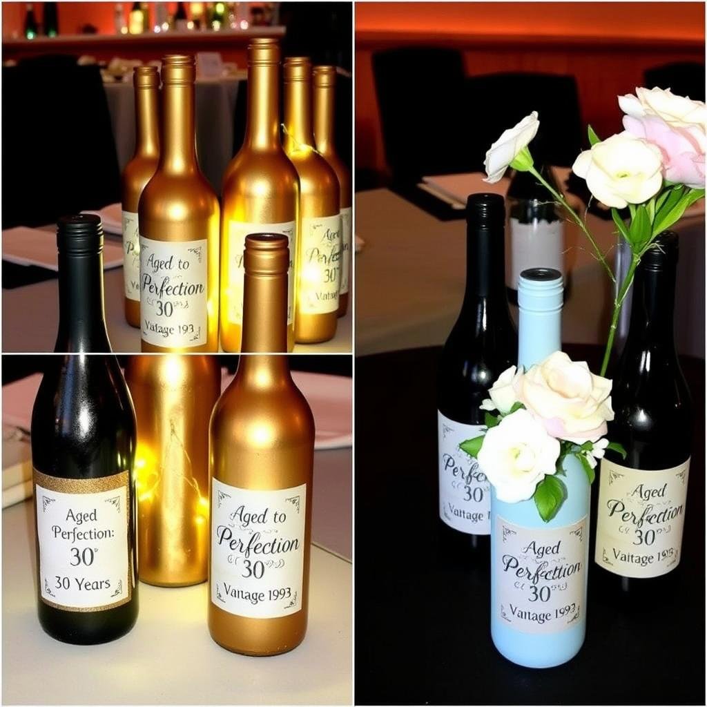 DIY wine bottle centerpieces painted in theme colors with custom 30th birthday labels DIY wine bottle centerpieces painted in theme colors with custom 30th birthday labels