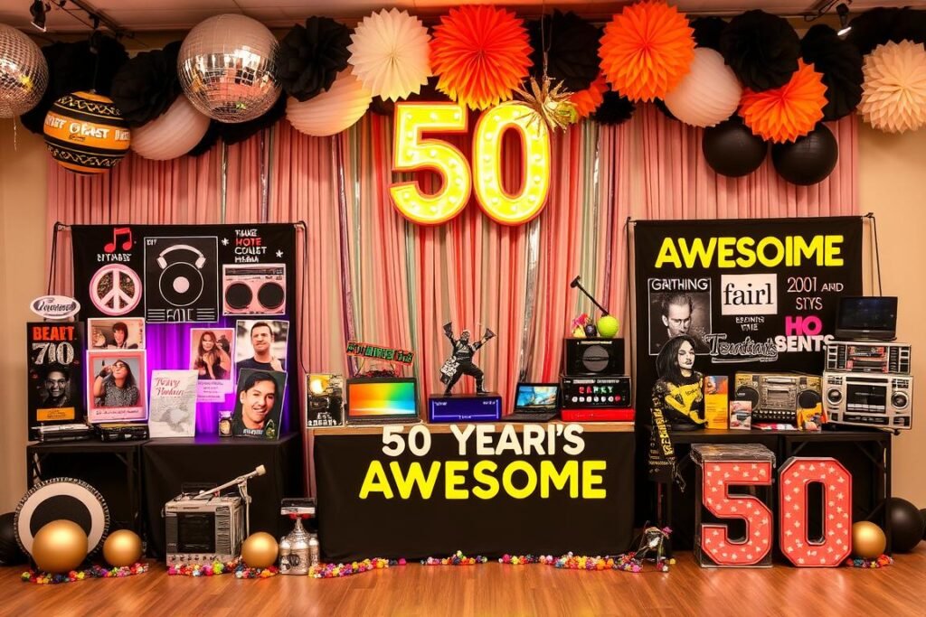 Decades-themed 50th birthday decorations featuring elements from the 70s, 80s, and 90s Decades-themed 50th birthday decorations featuring elements from the 70s, 80s, and 90s