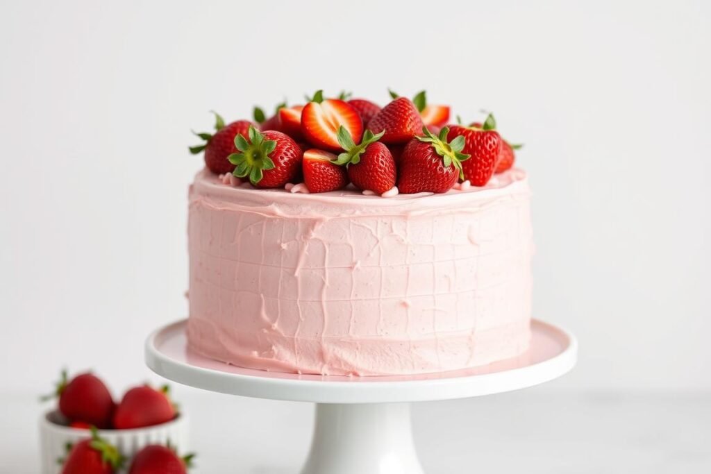 Decorated fresh strawberry cake with fresh berries on top