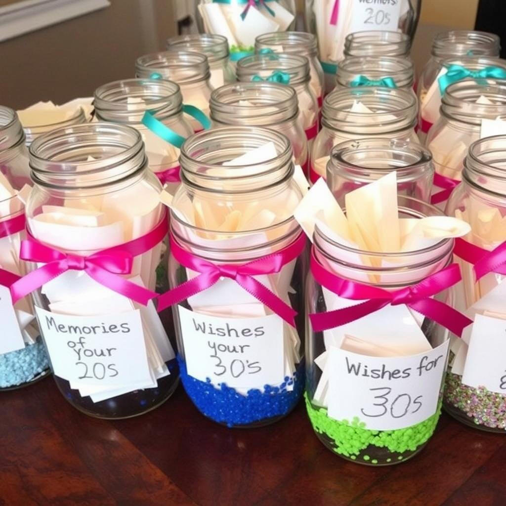 Decorated memory jars filled with handwritten notes and wishes for the 30th birthday Decorated memory jars filled with handwritten notes and wishes for the 30th birthday