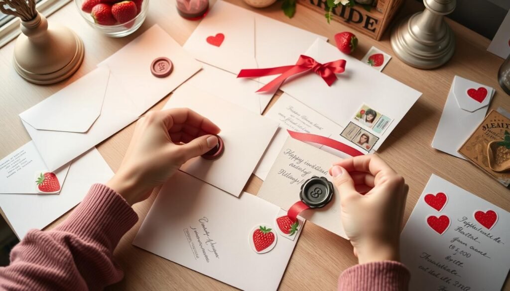 Decorated strawberry shortcake invitations being prepared for mailing with special touches Decorated strawberry shortcake invitations being prepared for mailing with special touches