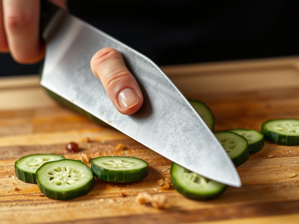 Demonstrating the cucumber smashing technique using the flat side of a chef's knife on a Persian cucumber