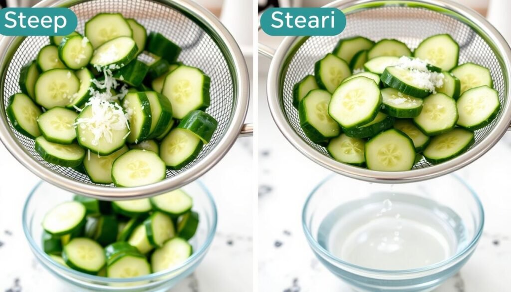 Demonstration of salting and draining cucumbers for healthy cucumber salad