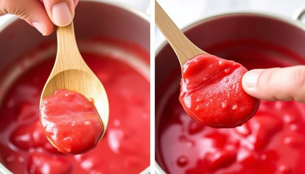 Demonstration of the spoon test for strawberry cake filling consistency Demonstration of the spoon test for strawberry cake filling consistency