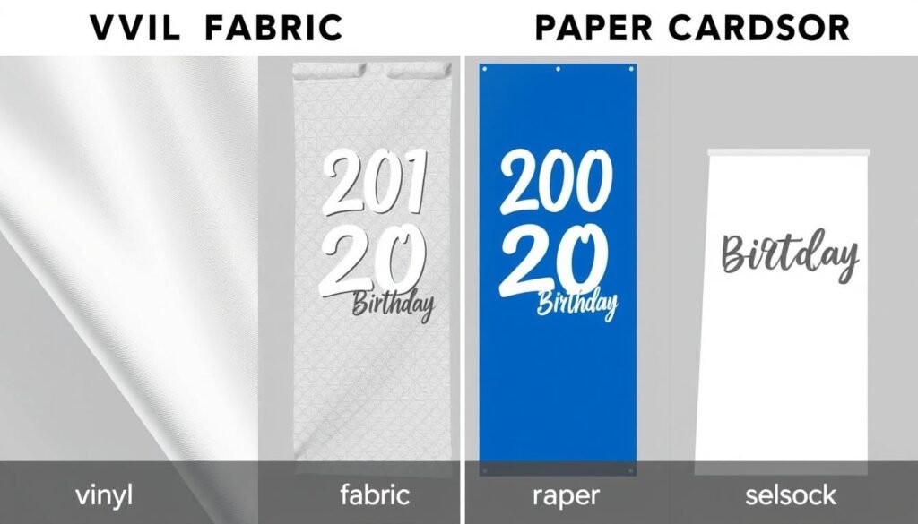 Different 20th birthday banner materials displayed side by side showing texture and finish differences Different 20th birthday banner materials displayed side by side showing texture and finish differences