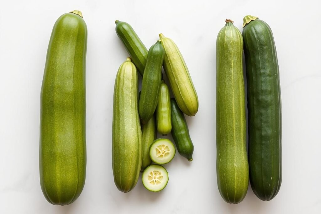 Different types of cucumbers side by side - English, Persian, and field cucumbers