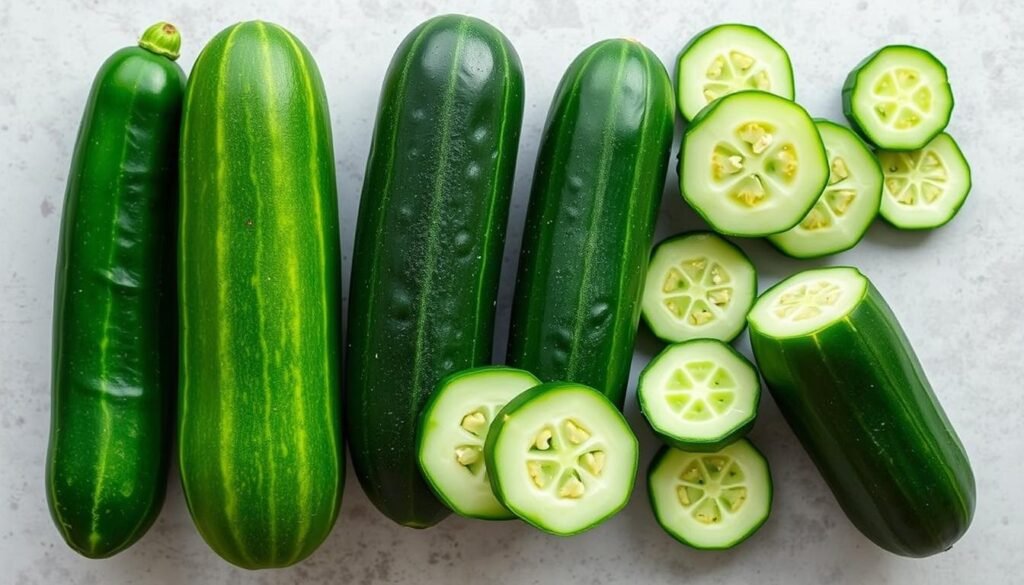 Different varieties of cucumbers used for smashed cucumber salad