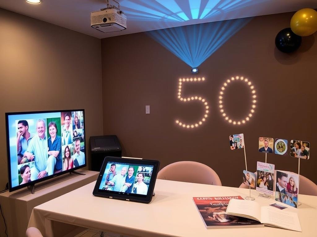 Digital decorations for 50th birthday including projected images and digital photo displays Digital decorations for 50th birthday including projected images and digital photo displays