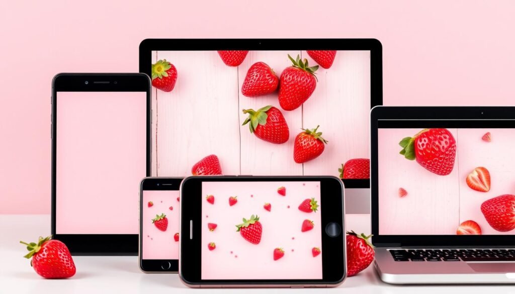 Digital devices displaying strawberry shortcake aesthetic wallpapers and themes
