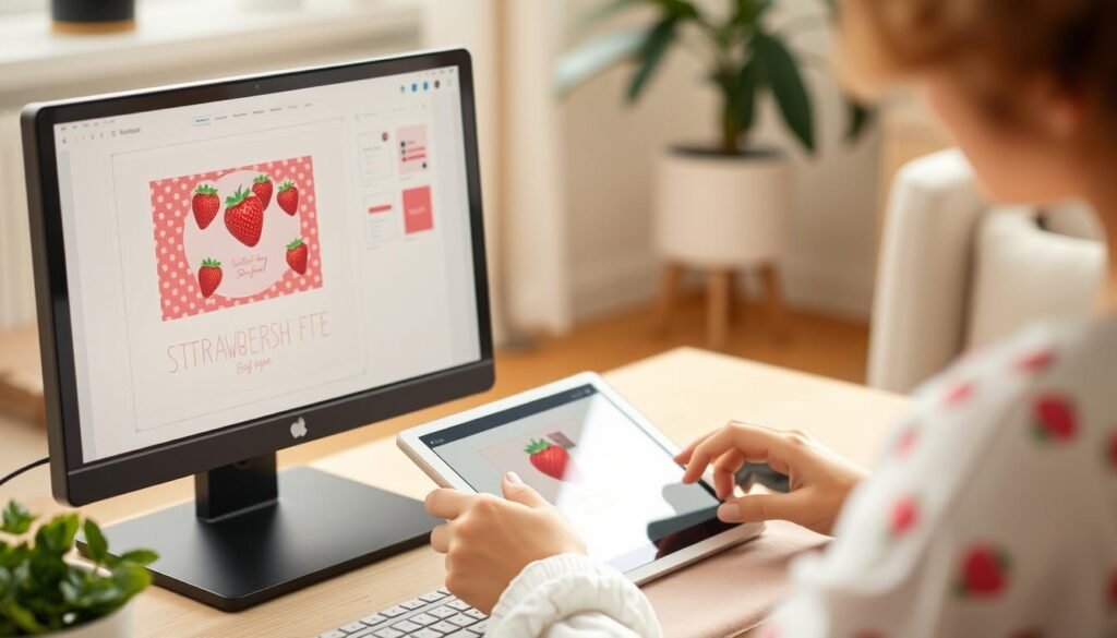 Digital strawberry shortcake invitation templates being customized on a computer screen Digital strawberry shortcake invitation templates being customized on a computer screen