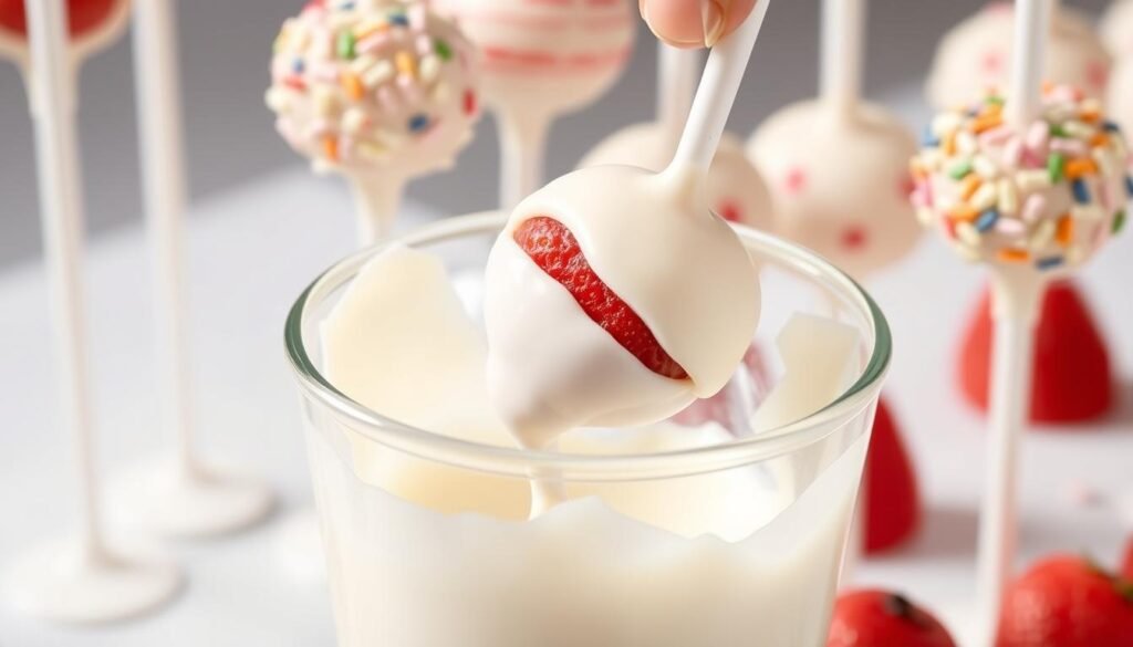 Dipping strawberry cake pops in white chocolate and adding sprinkles