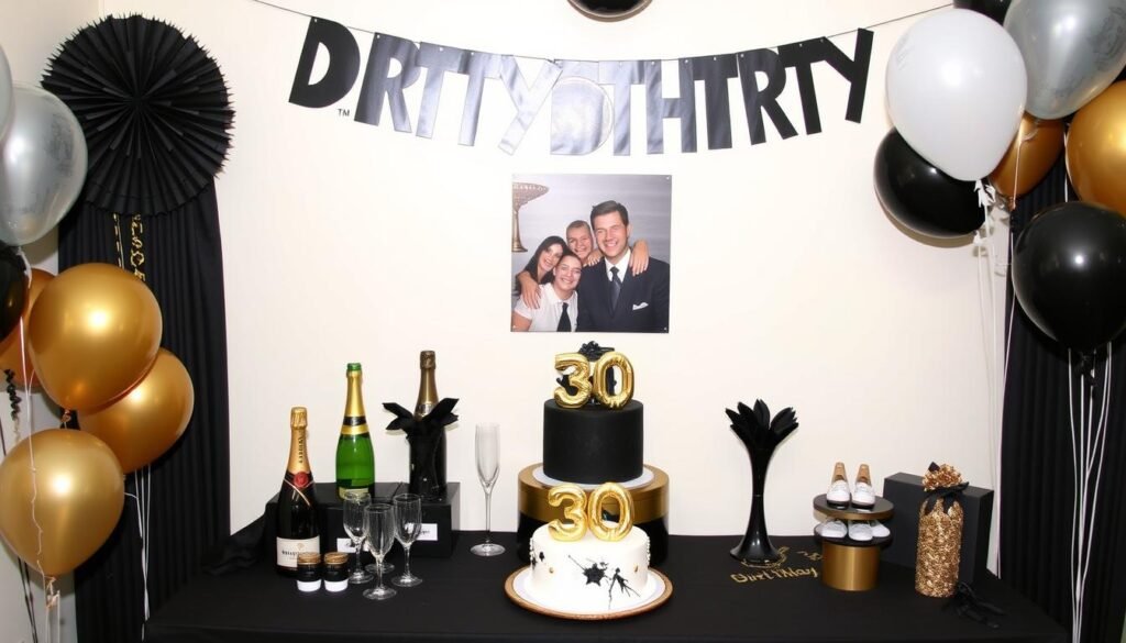 Dirty Thirty themed birthday party with black and gold decorations, photo display timeline, and celebratory atmosphere Dirty Thirty themed birthday party with black and gold decorations, photo display timeline, and celebratory atmosphere