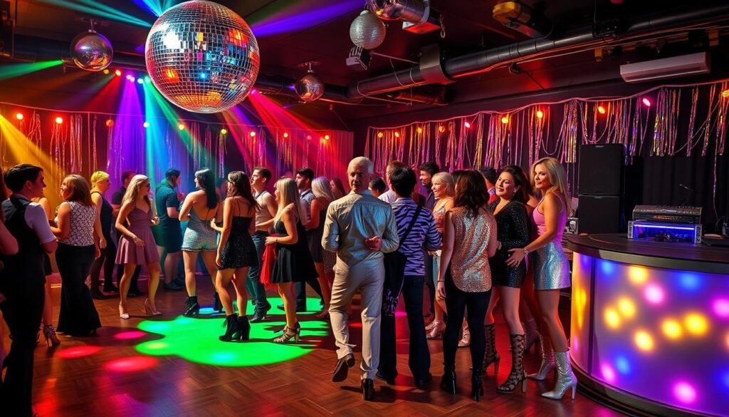 Disco themed 30th birthday party with disco ball, colorful lights, dance floor, and guests in 70s attire Disco themed 30th birthday party with disco ball, colorful lights, dance floor, and guests in 70s attire