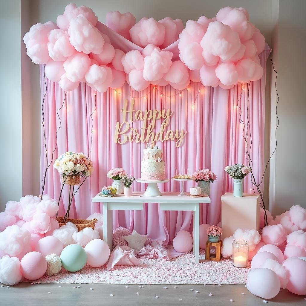 Dreamy pastel aesthetic birthday setup with soft colors and whimsical elements