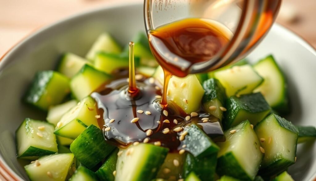 Dressing being poured over smashed cucumber pieces Dressing being poured over smashed cucumber pieces