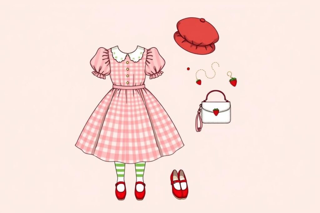 Dressy strawberry shortcake aesthetic outfit featuring a pink gingham dress