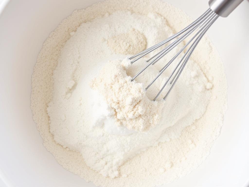 Dry ingredients for strawberry shortcake blueberry muffins being whisked in a bowl