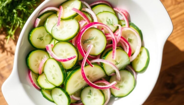 Easy cucumber salad in a white bowl with thin cucumber slices, red onion, and fresh dill