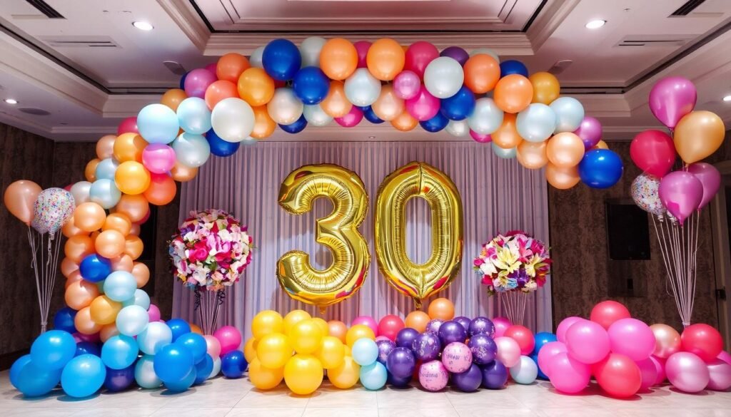 Elaborate balloon decoration setup for 30th birthday with arch, numbers, and various balloon types Elaborate balloon decoration setup for 30th birthday with arch, numbers, and various balloon types