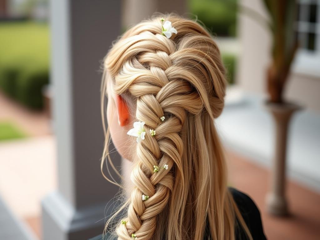 Elaborate braided sweet 16 hairstyle with flowers