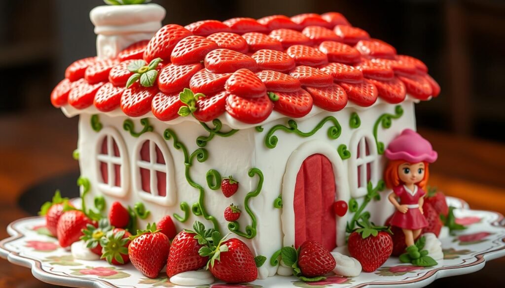 Elaborate strawberry shortcake house cake with strawberry decorations and character details