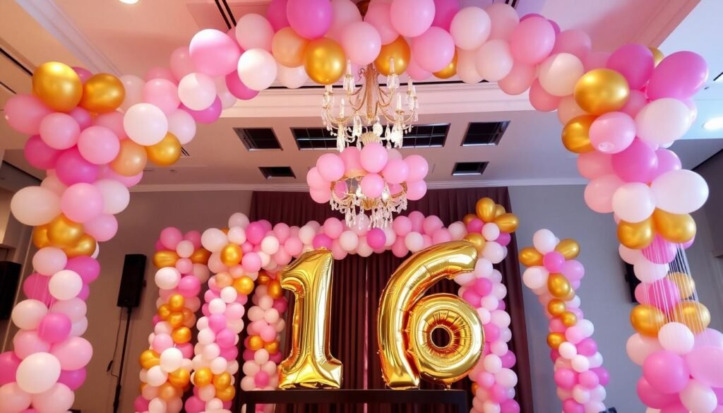 Elaborate sweet 16 balloon decorations including arches, columns, and ceiling installations Elaborate sweet 16 balloon decorations including arches, columns, and ceiling installations