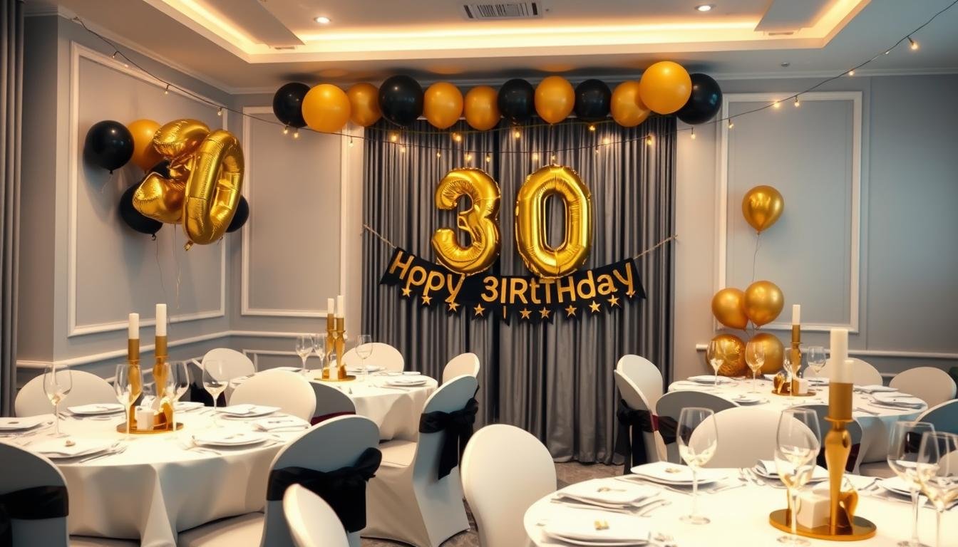 Elegant 30th birthday party setup with gold and black decorations including balloons, banners, and table settings