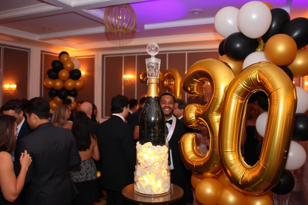 Elegant 30th birthday party with gold and black decorations, champagne tower, and well-dressed guests