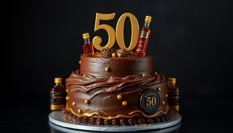 Elegant 50th birthday cake for men with gold decorations and a whiskey theme