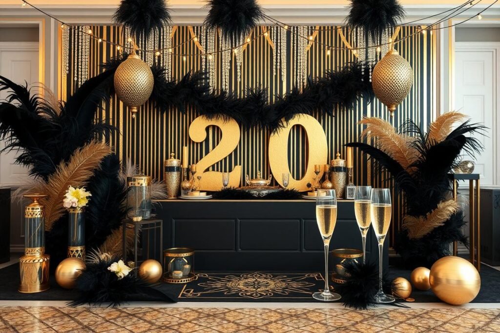 Elegant Gatsby-themed 20th birthday party setup with gold and black decorations