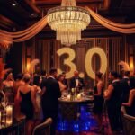 Elegant Great Gatsby themed 30th birthday party with gold decorations, champagne tower, and guests in 1920s attire