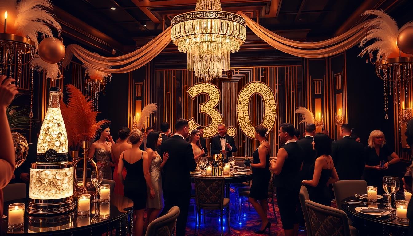 Elegant Great Gatsby themed 30th birthday party with gold decorations, champagne tower, and guests in 1920s attire