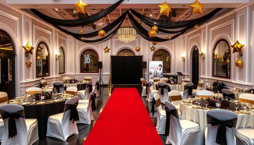 Elegant Hollywood Glamour Sweet 16 DTI theme with red carpet, gold decorations, and formal attire Elegant Hollywood Glamour Sweet 16 DTI theme with red carpet, gold decorations, and formal attire