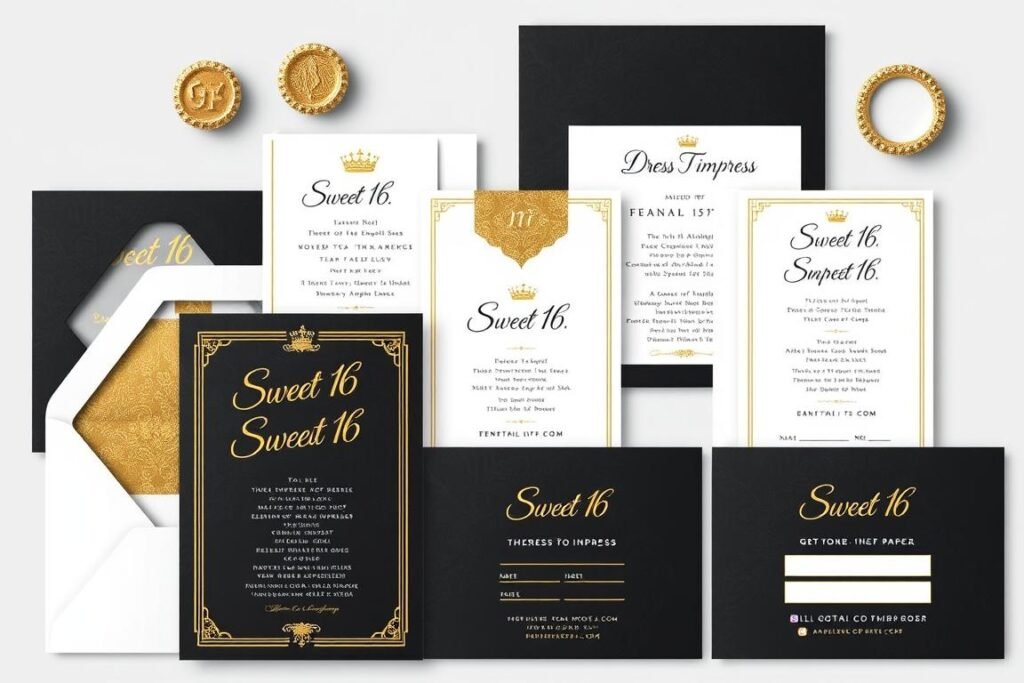 Elegant Sweet 16 DTI party invitations with formal design elements and clear dress code information Elegant Sweet 16 DTI party invitations with formal design elements and clear dress code information