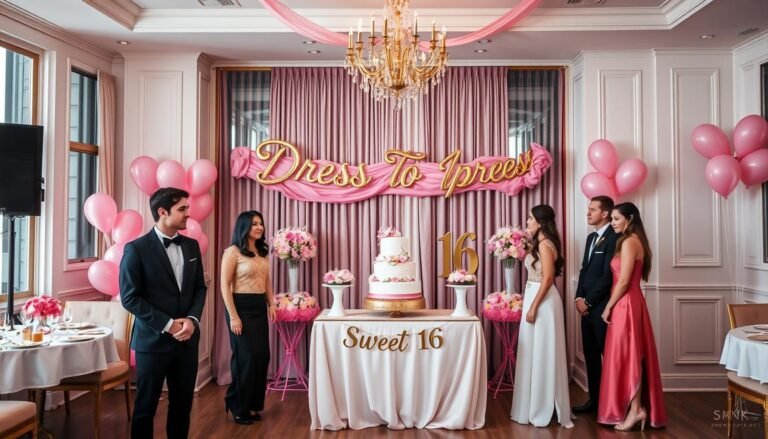 Elegant Sweet 16 DTI party setup with decorations, balloons, and a dessert table with 'Sweet 16' theme